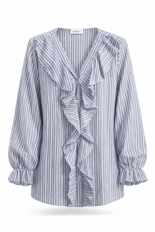 Gestreifte Baumwollbluse mit Rüschen-Paprika-10