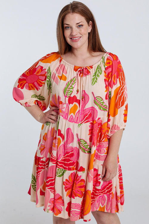 Kurzes Kleid aus bedruckter Viskose mit Blumenmuster-Paprika-1