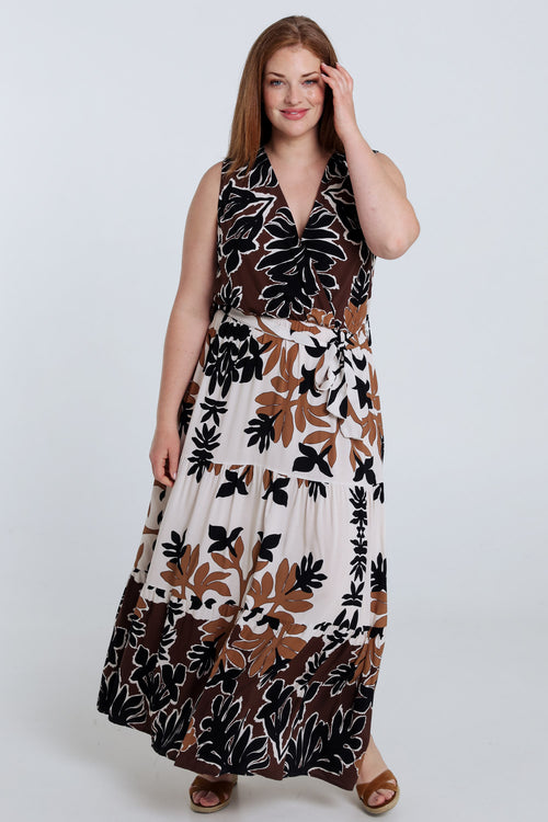 Lange Kleid aus bedruckter Viskose mit Blattmuster-Paprika-7