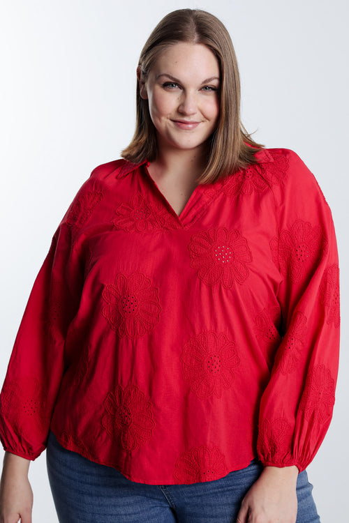 Bluse aus einfarbiger Baumwolle mit Stickereiblumen-Paprika-3