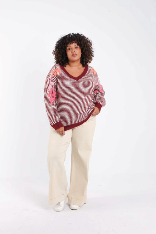 Pull rayé avec broderies-Paprika-8