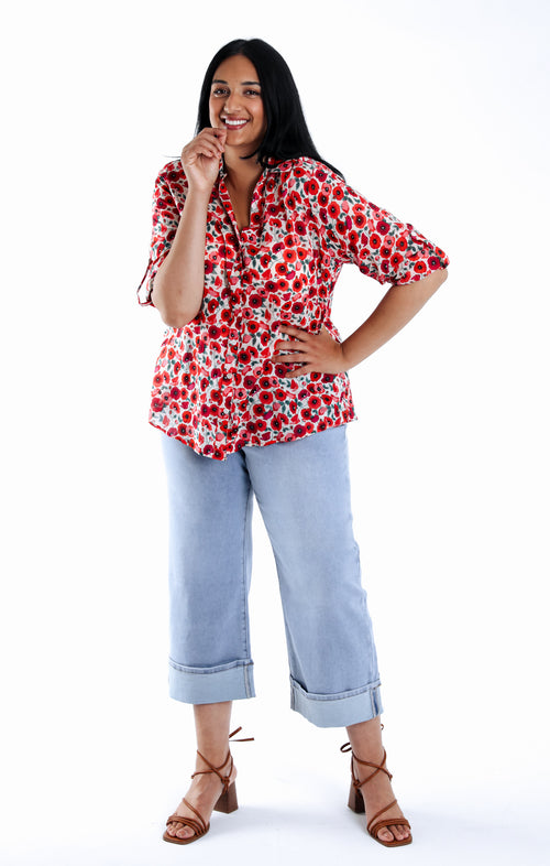 Bedruckte Bluse aus Baumwolle mit Mohnblumenmuster-Paprika-6