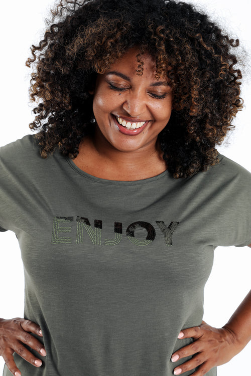Uni Baumwoll-T-Shirt „Enjoy“ mit Pailletten-Paprika-4