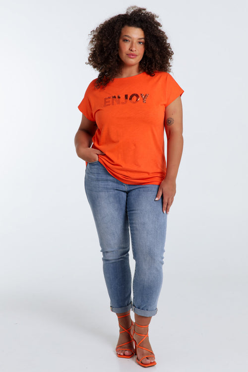 Einfarbiges T-Shirt mit Enjoy-Stickerei und Pailletten-Paprika-8