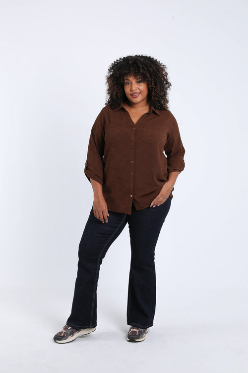 Einfarbiges Hemd mit erhabenem Blumenmuster-Paprika-7