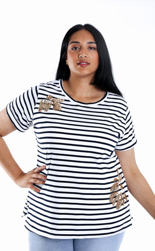 Maritimes Baumwoll-T-Shirt mit Paillettenblumen-Paprika-1
