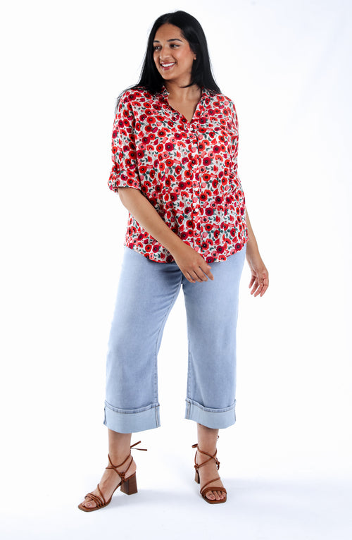 Bedruckte Bluse aus Baumwolle mit Mohnblumenmuster-Paprika-7