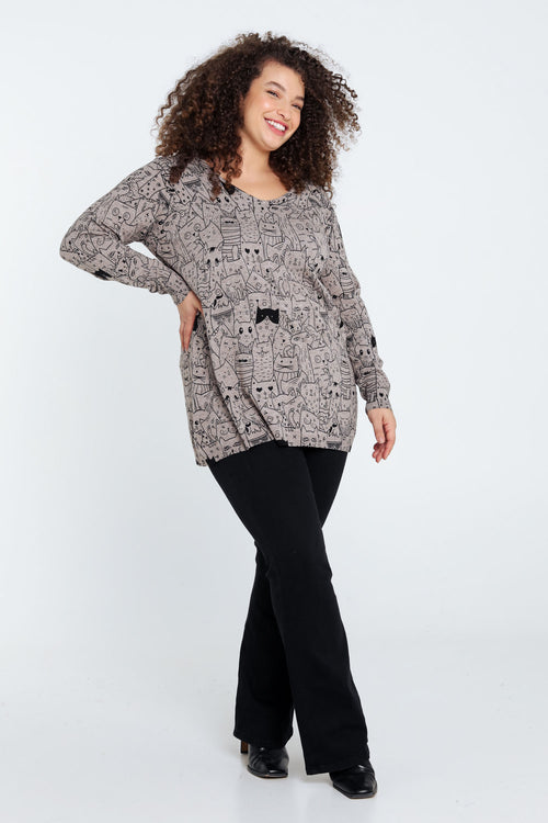 Langer Pullover mit Katzenmuster-Paprika-9