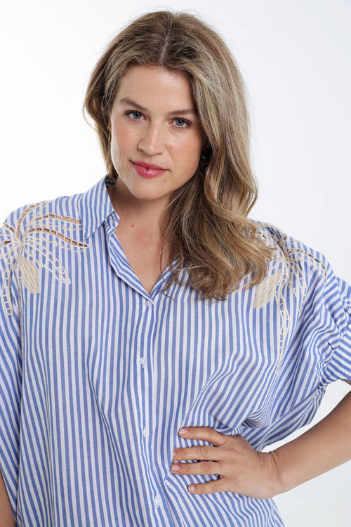Oversized gestreifte Baumwollbluse mit Stickereien-Paprika-4