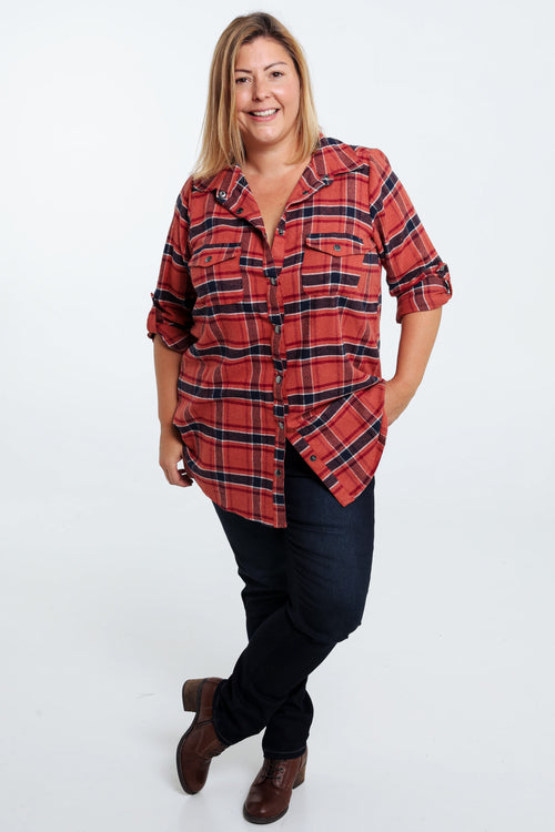 Langes, kariertes Hemd mit Taschen und Druckknöpfen-Paprika-6