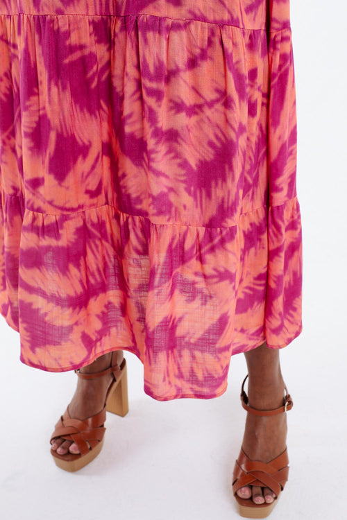 Langes Kleid aus bedruckter Viskose mit Blattmuster-Paprika-4