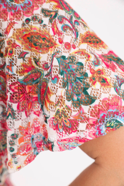 T-shirt en dentelle imprimé fleurs indiennes-Paprika-4