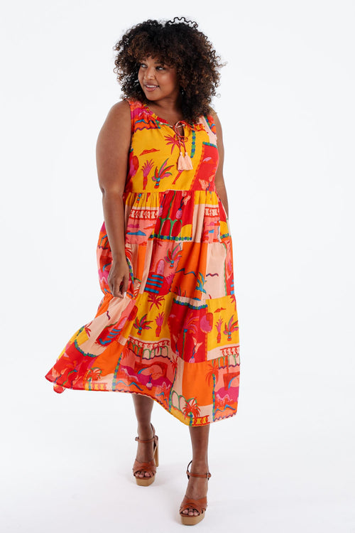 Kleid aus bedruckter Baumwolle mit tropischem Muster-Paprika-7