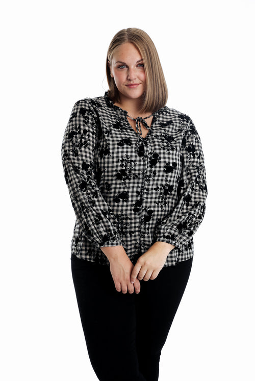 Bluse aus Baumwolle mit Vichy-Karos und flockbedruckten Blumen-Paprika-1
