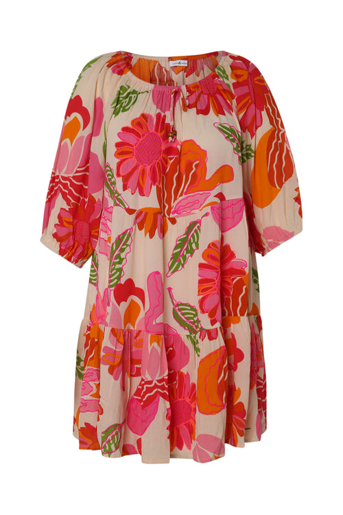 Kurzes Kleid aus bedruckter Viskose mit Blumenmuster-Paprika-10