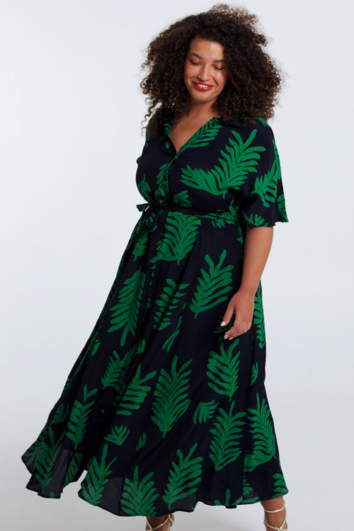 Lange Kleid aus Viskose mit Blätterdruck-Paprika-1