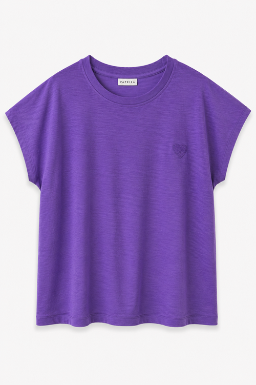 Uni strukturiertes Baumwoll-T-Shirt mit gesticktem Herz-Paprika-1
