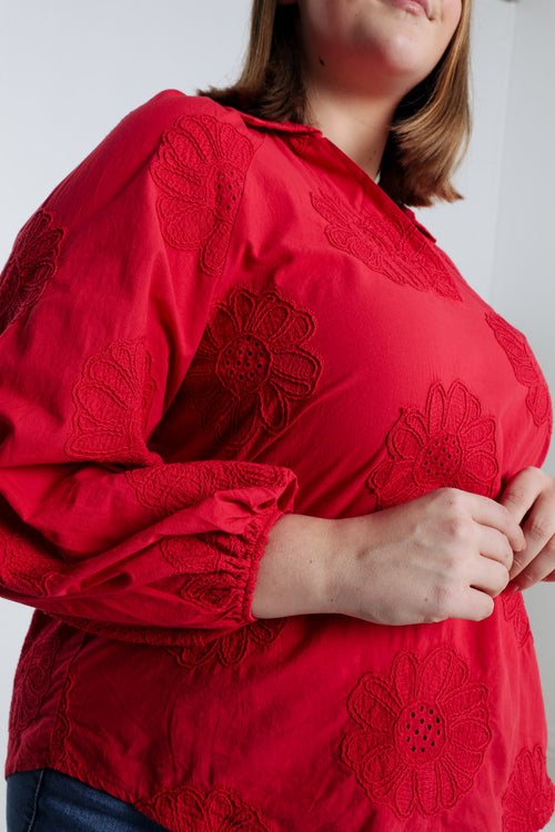Bluse aus einfarbiger Baumwolle mit Stickereiblumen-Paprika-4