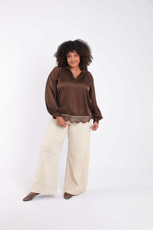 Blouse en viscose effet satiné, unie avec dentelle-Paprika-8