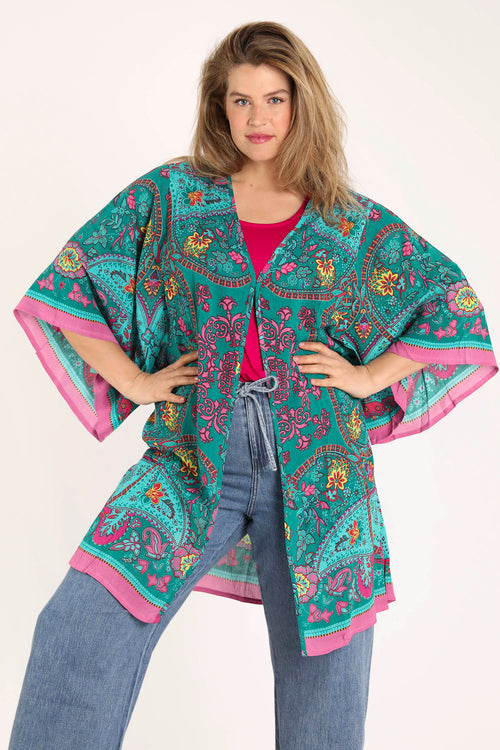 Exklusiv SHEEGO - Kimono aus bedrucktem Viskose-Paisley-Paprika-4