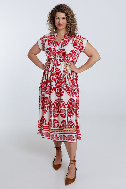 Langarmkleid aus bedruckter Viskose mit Blattmuster-Paprika-7