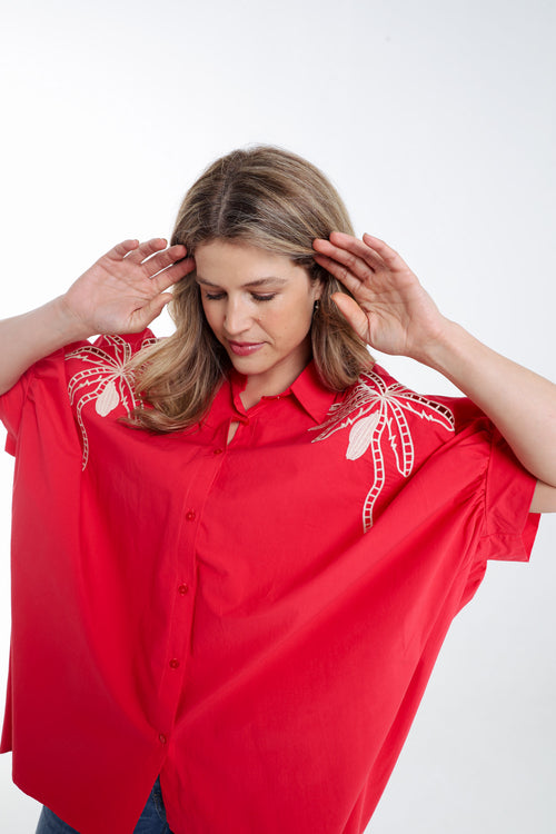 Oversized-Hemd aus einfarbigem Baumwollstoff mit Stickereien-Paprika-4