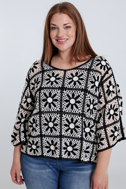 Zweifarbiger Makramee-Pullover-Paprika-2