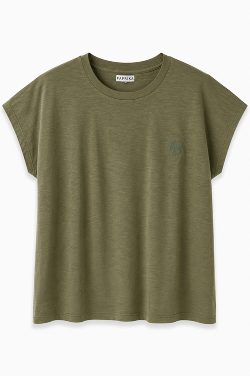 Uni strukturiertes Baumwoll-T-Shirt mit gesticktem Herz-Paprika-1