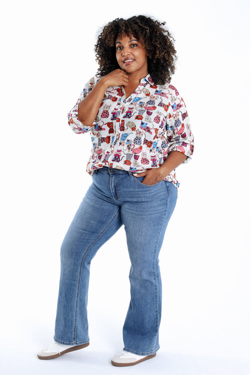 Bedruckte Bluse aus Baumwolle mit Katzenmotiv-Paprika-9