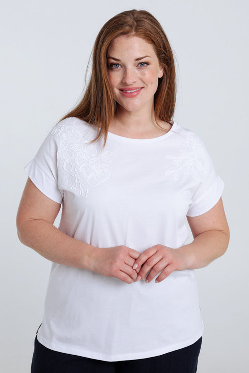 Einfarbiges Baumwoll-T-Shirt mit bestickten Blumen-Paprika-1