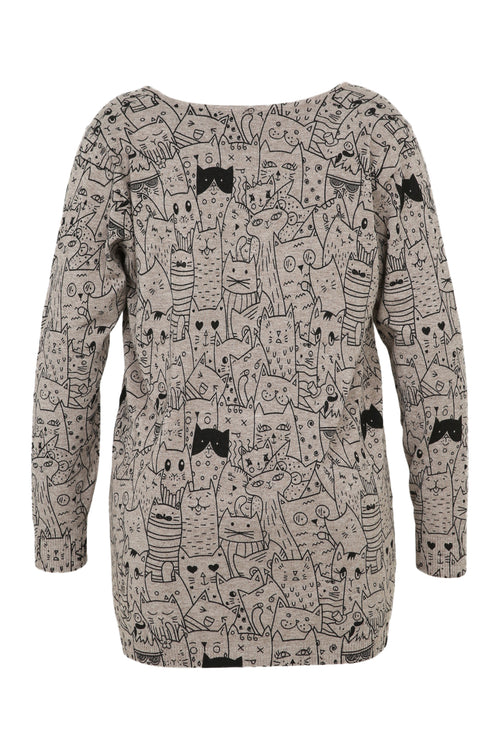 Langer Pullover mit Katzenmuster-Paprika-11