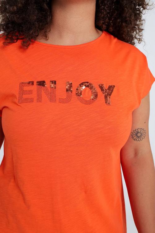 Einfarbiges T-Shirt mit Enjoy-Stickerei und Pailletten-Paprika-3