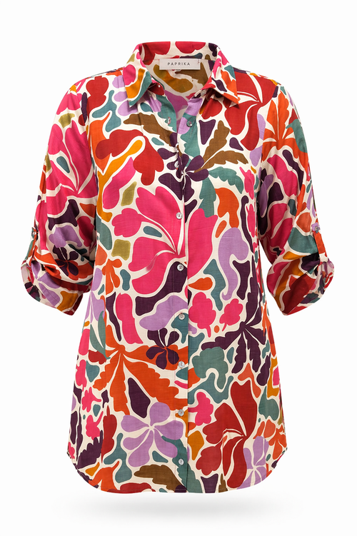 Chemise longue en viscose imprimé floral-Paprika-10