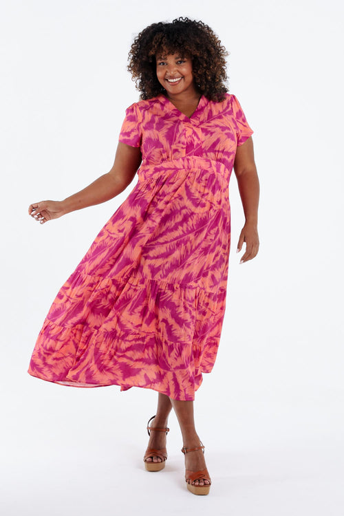 Langes Kleid aus bedruckter Viskose mit Blattmuster-Paprika-8