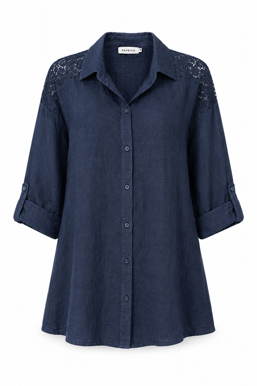 Einfarbige Leinenbluse mit Spitze-Paprika-2
