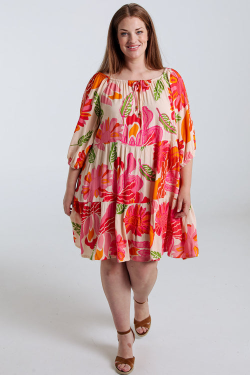 Kurzes Kleid aus bedruckter Viskose mit Blumenmuster-Paprika-7