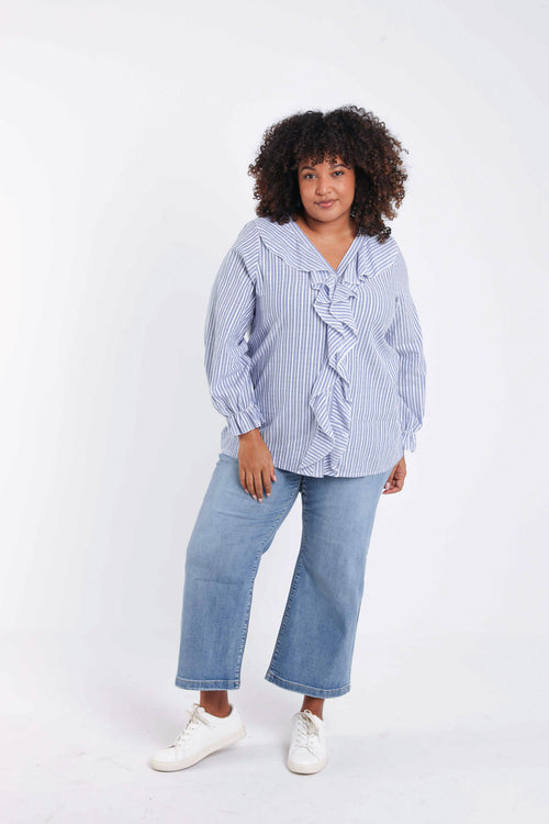 Gestreifte Baumwollbluse mit Rüschen-Paprika-8