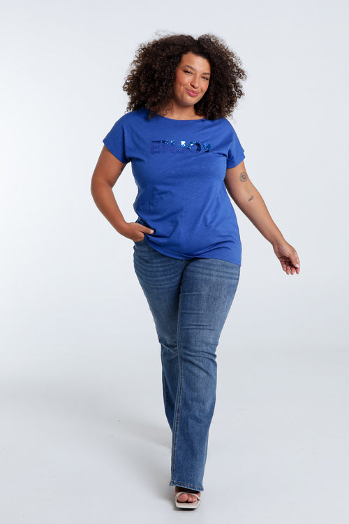 Einfarbiges T-Shirt mit Enjoy-Stickerei und Pailletten-Paprika-7
