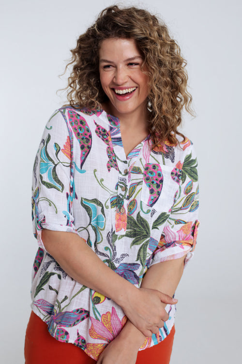 Bluse aus Baumwoll-Gaze mit Blumenmuster-Paprika-3