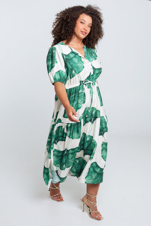 Langarmkleid aus bedruckter Viskose mit Blattmuster-Paprika-8