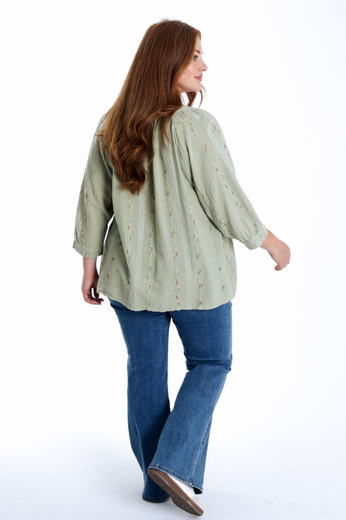 Ein einfarbiges Baumwollbluse mit mehrfarbigem Detail-Paprika-2