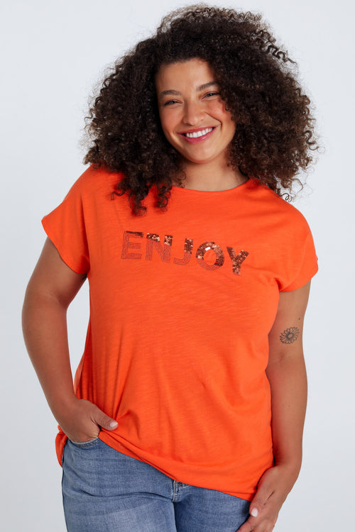 Einfarbiges T-Shirt mit Enjoy-Stickerei und Pailletten-Paprika-3