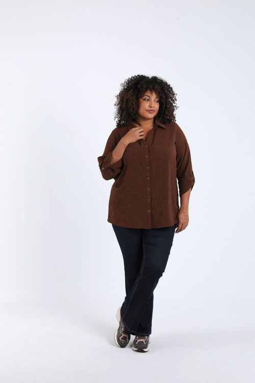 Einfarbiges Hemd mit erhabenem Blumenmuster-Paprika-6