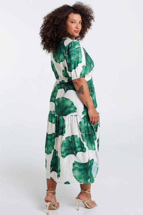 Langarmkleid aus bedruckter Viskose mit Blattmuster-Paprika-2
