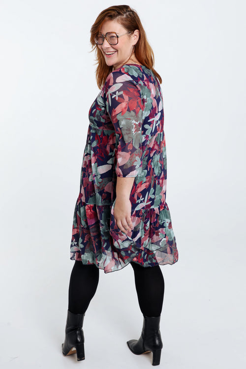 Kurzes Tunikakleid aus knitterigem Fischnetz mit Blumendruck und Lurex-Paprika-2