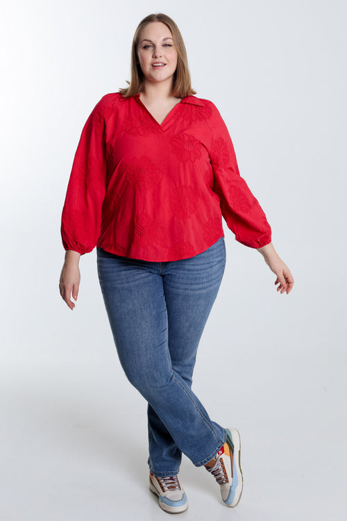 Bluse aus einfarbiger Baumwolle mit Stickereiblumen-Paprika-8