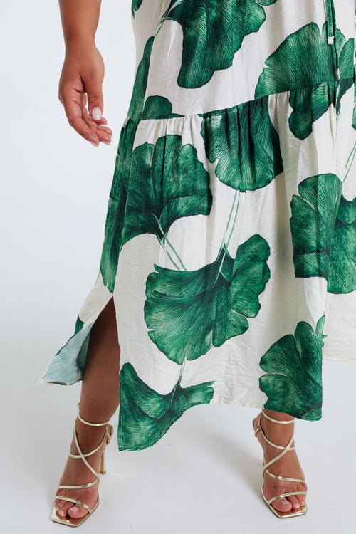 Langarmkleid aus bedruckter Viskose mit Blattmuster-Paprika-6