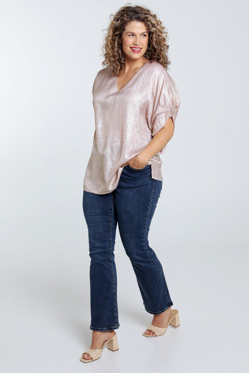 Unifarbene, glänzende Bluse mit Ballonärmeln-Paprika-6