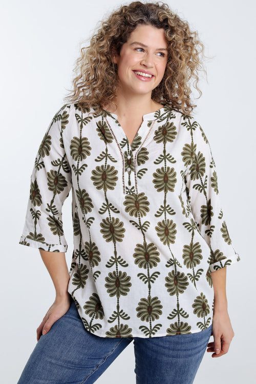 Bluse mit Durchbruchdetails und zweifarbigem Druck-Paprika-2