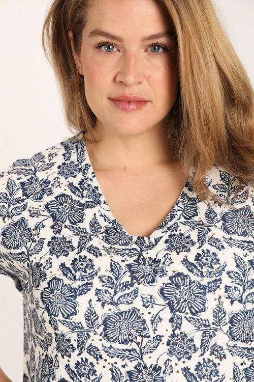 T-shirt en maille dentelle imprimé fleurs-Paprika-4